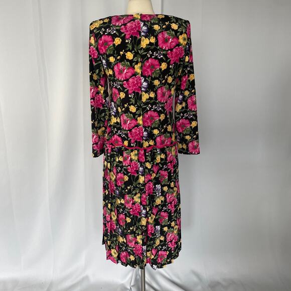 Vintage Midi Dress 6 Black Pink Floral Pleated Drop Waist Romantic Cottage 90s - Picture 7 of 16